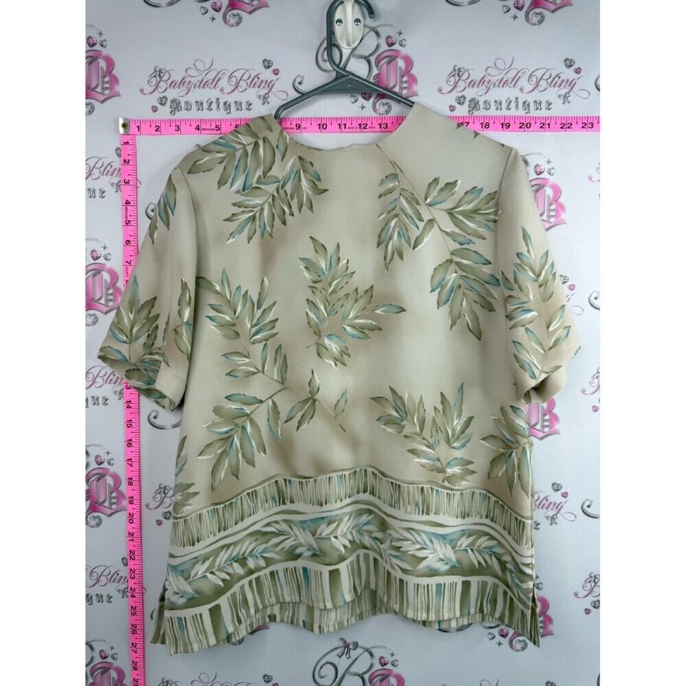 TanJay tshirt tropical shirt top Cream Blouse with Green Botanical Print
